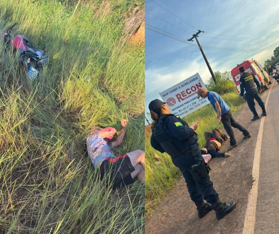 Casal em motocicleta escapa da morte ao sofrer acidente em curva da rodovia AC-475, em Acrelândia, no interior do Acre