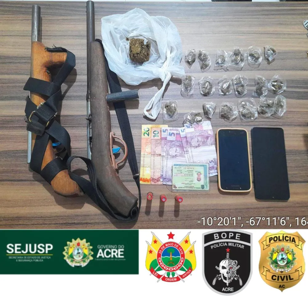 Operação integrada resulta em prisão, apreensão de menor infrator, armas, drogas e munições em Plácido de Castro