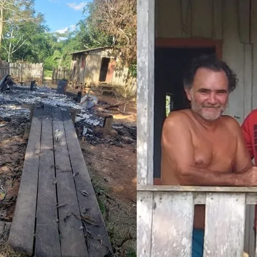 VÍDEO: Filhos encontram corpo do pai carbonizado em meio às cinzas da própria residência, no km 16 do ramal Mendes Carlos 1, em Plácido de Castro; “suspeita de latrocínio”