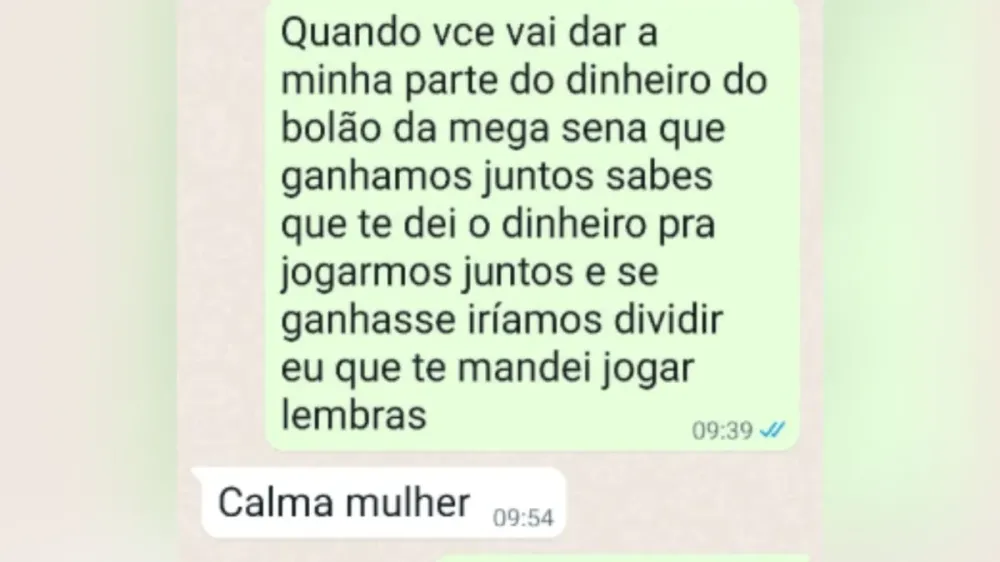 Mensagem entre parceiros mostra cobrança de mulher pelo dinheiro da Mega-Sena • Reprodução