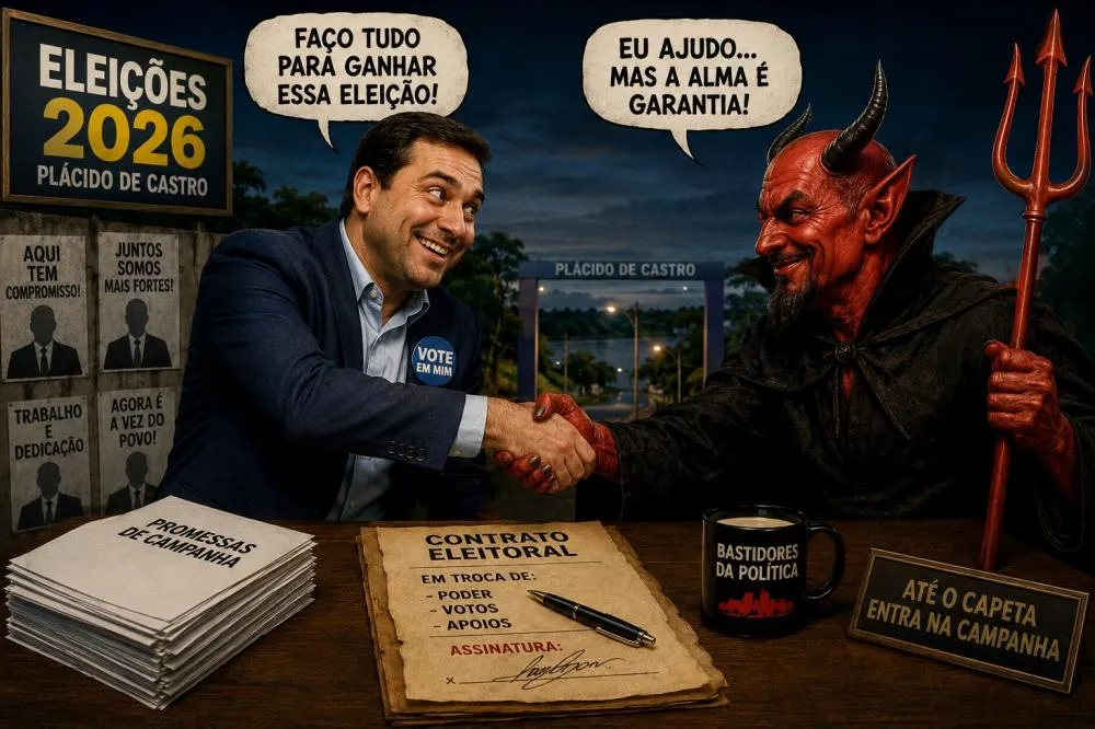 Montagem ilustrativa retrata, em tom de humor, os bastidores da corrida eleitoral de um candidato a deputado em Plácido de Castro - Foto: Conteúdo gerado por IA. 