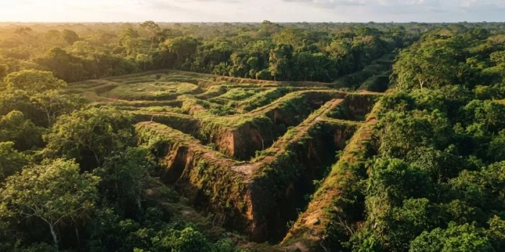 Formas geométricas e trincheiras ancestrais escavadas no solo da floresta sob luz suave da manhã - Créditos: Imagem Ilustrativa